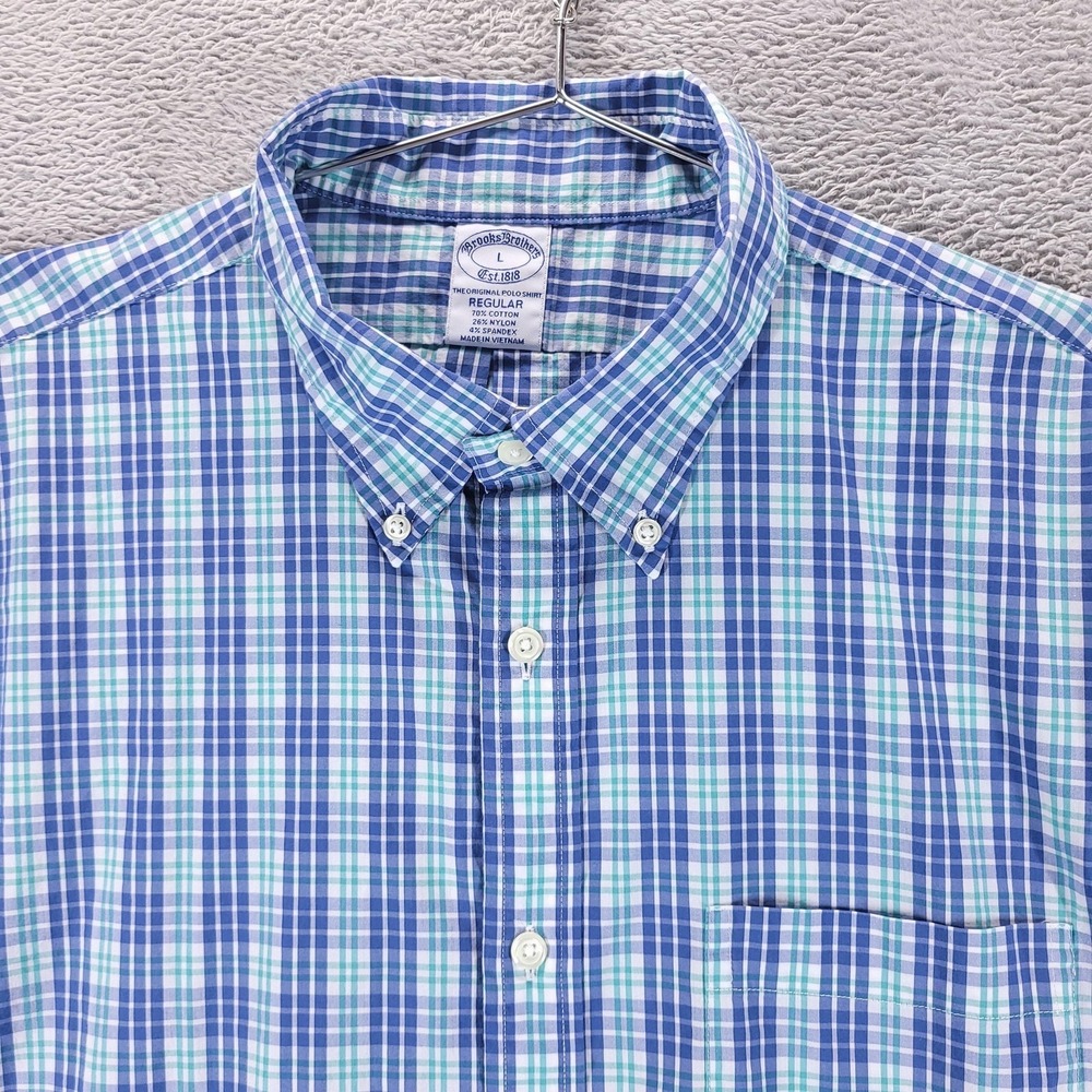 Brooks Brothers Shirt Mens L Blue Plaid Original Polo Stretch Button Down Casual